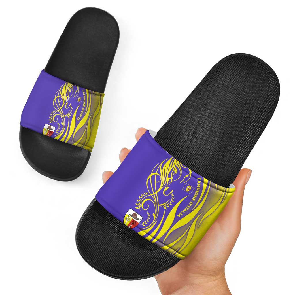 Campione dItalia Slide Sandals with Yellow Horse Graphic and Purple Flame Crest TS04