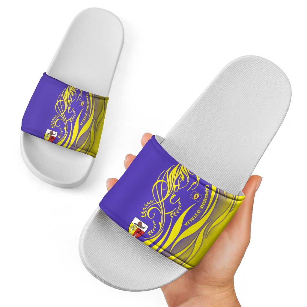 Campione dItalia Slide Sandals with Yellow Horse Graphic and Purple Flame Crest TS04
