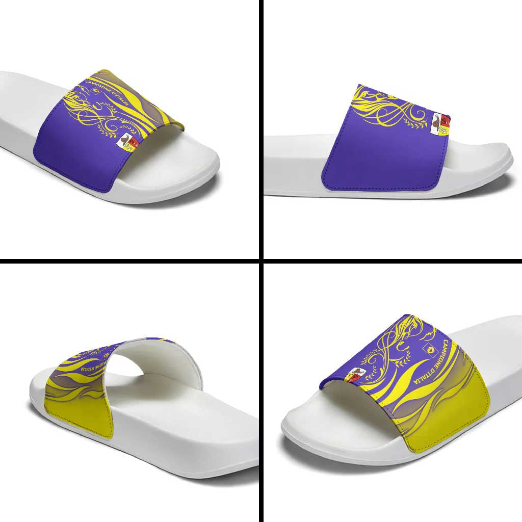Campione dItalia Slide Sandals with Yellow Horse Graphic and Purple Flame Crest TS04