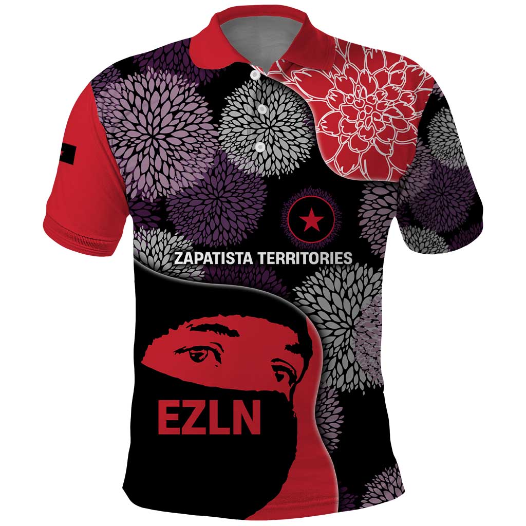 Zapatista Territories Polo Shirt Mexico with EZLN Masked Face and Floral TS04