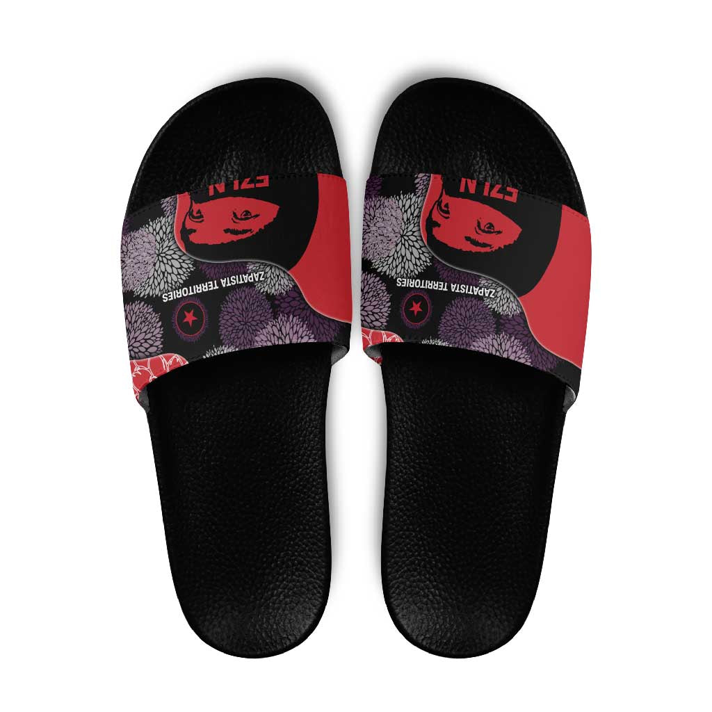 Zapatista Territories Slide Sandals Mexico with EZLN Masked Face and Floral TS04