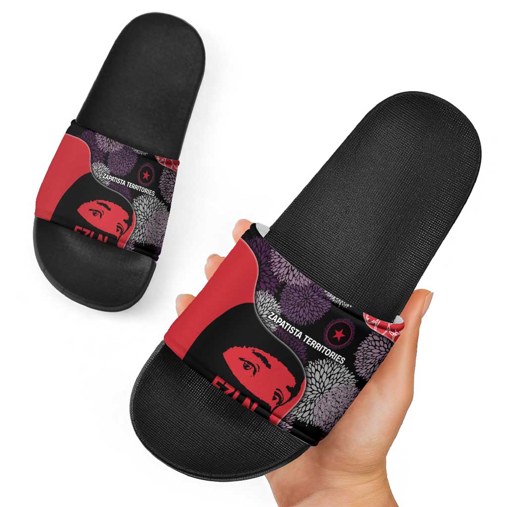 Zapatista Territories Slide Sandals Mexico with EZLN Masked Face and Floral TS04