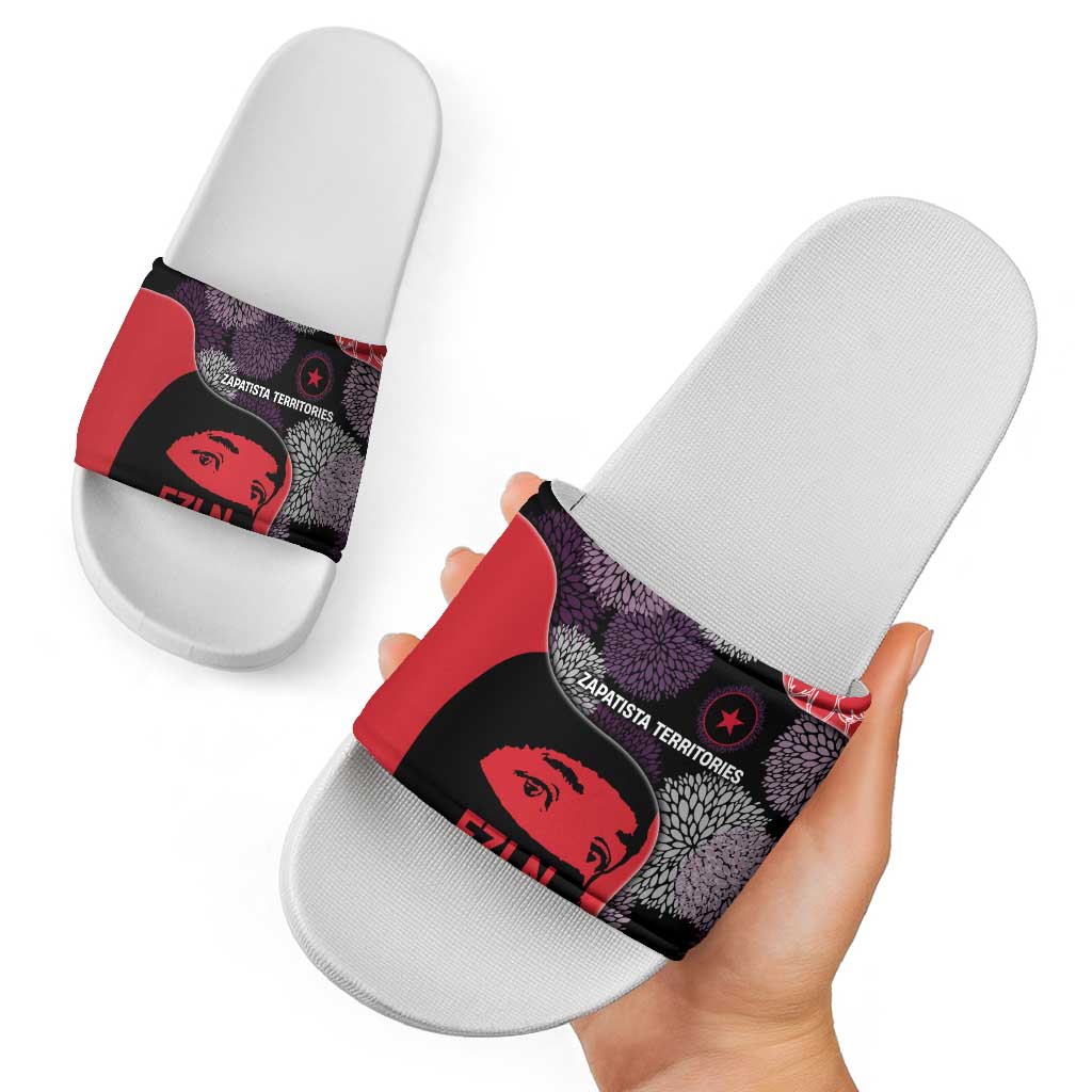 Zapatista Territories Slide Sandals Mexico with EZLN Masked Face and Floral TS04