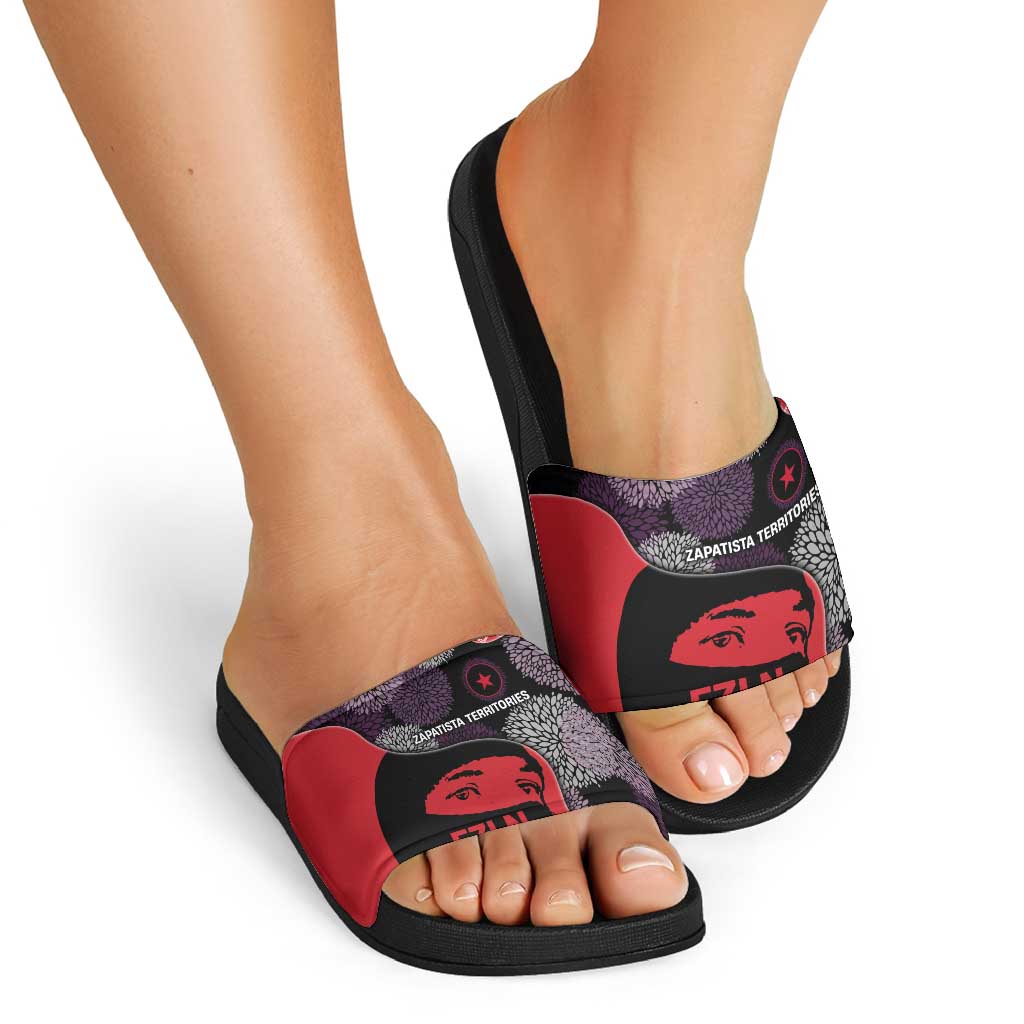 Zapatista Territories Slide Sandals Mexico with EZLN Masked Face and Floral TS04