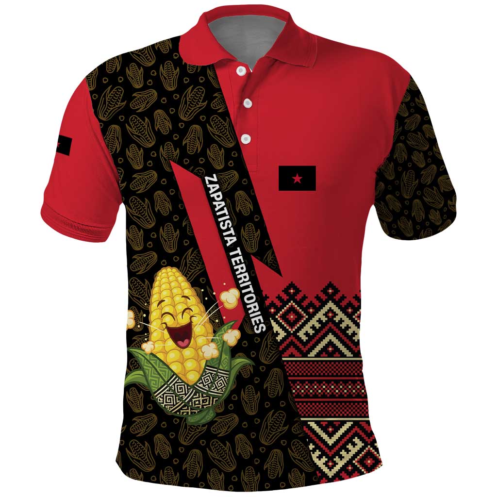 Zapatista Territories Polo Shirt Mexico with Corn Graphic and Indigenous Pattern Semillas de Libertad TS04