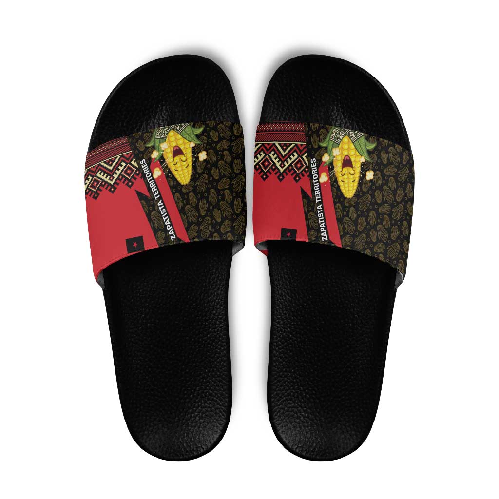 Zapatista Territories Slide Sandals Mexico with Corn Graphic and Indigenous Pattern Semillas de Libertad TS04