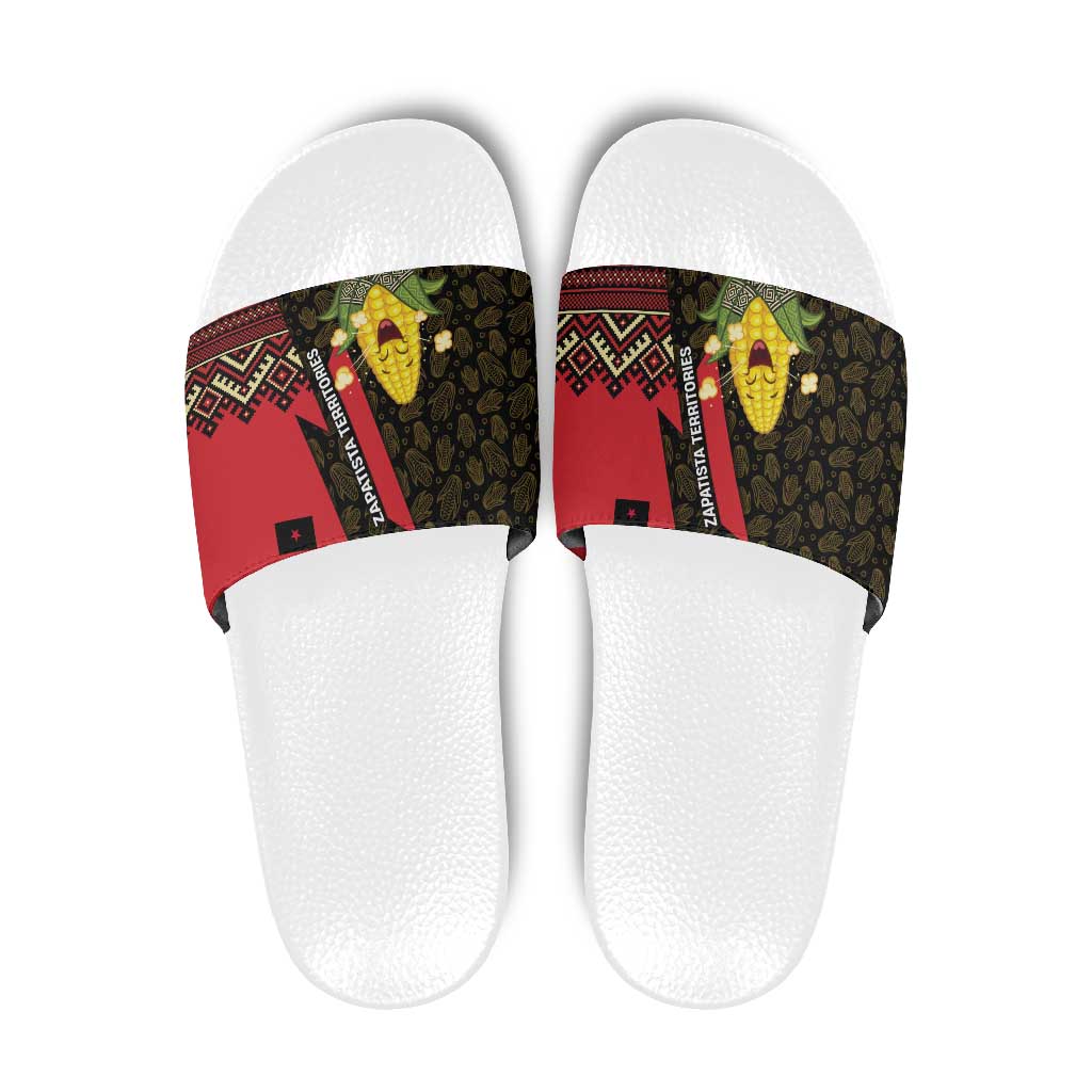 Zapatista Territories Slide Sandals Mexico with Corn Graphic and Indigenous Pattern Semillas de Libertad TS04