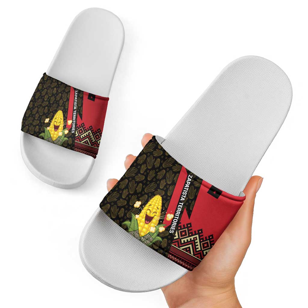 Zapatista Territories Slide Sandals Mexico with Corn Graphic and Indigenous Pattern Semillas de Libertad TS04