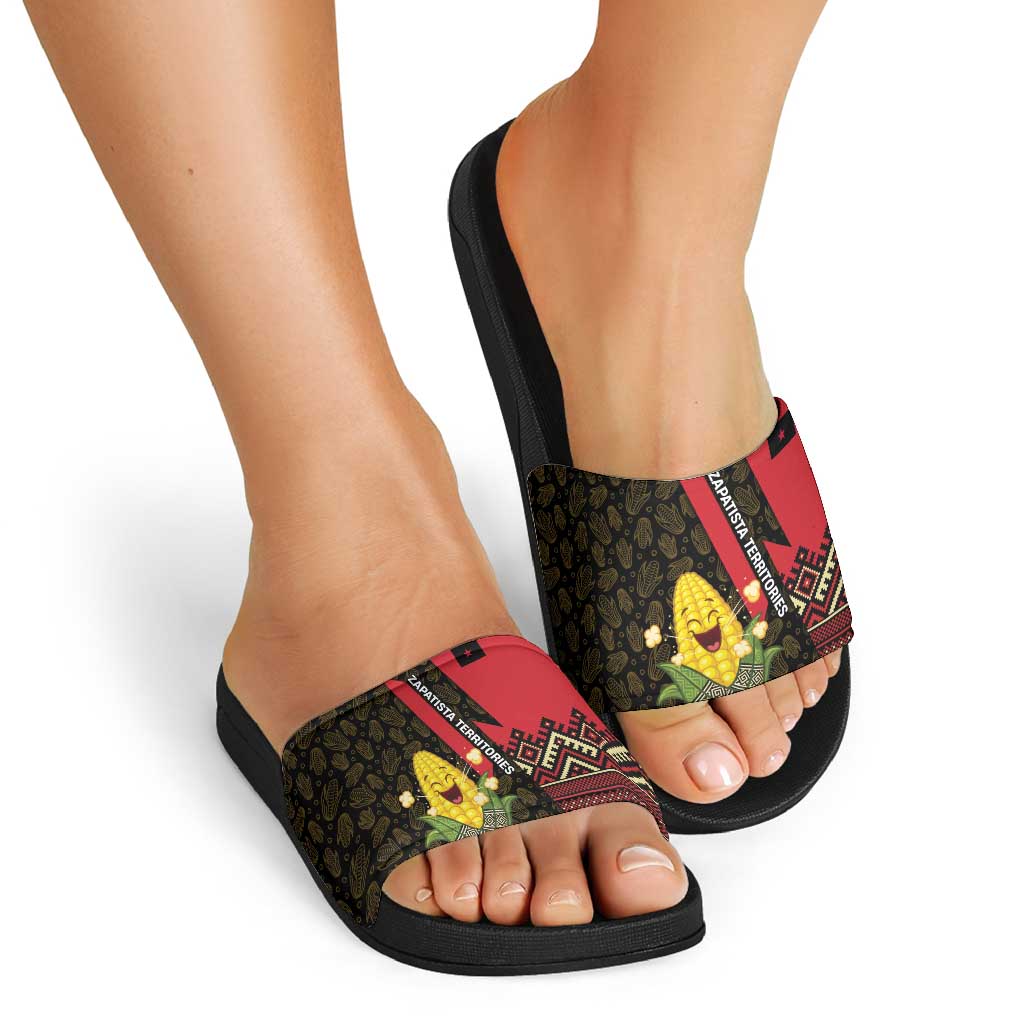 Zapatista Territories Slide Sandals Mexico with Corn Graphic and Indigenous Pattern Semillas de Libertad TS04