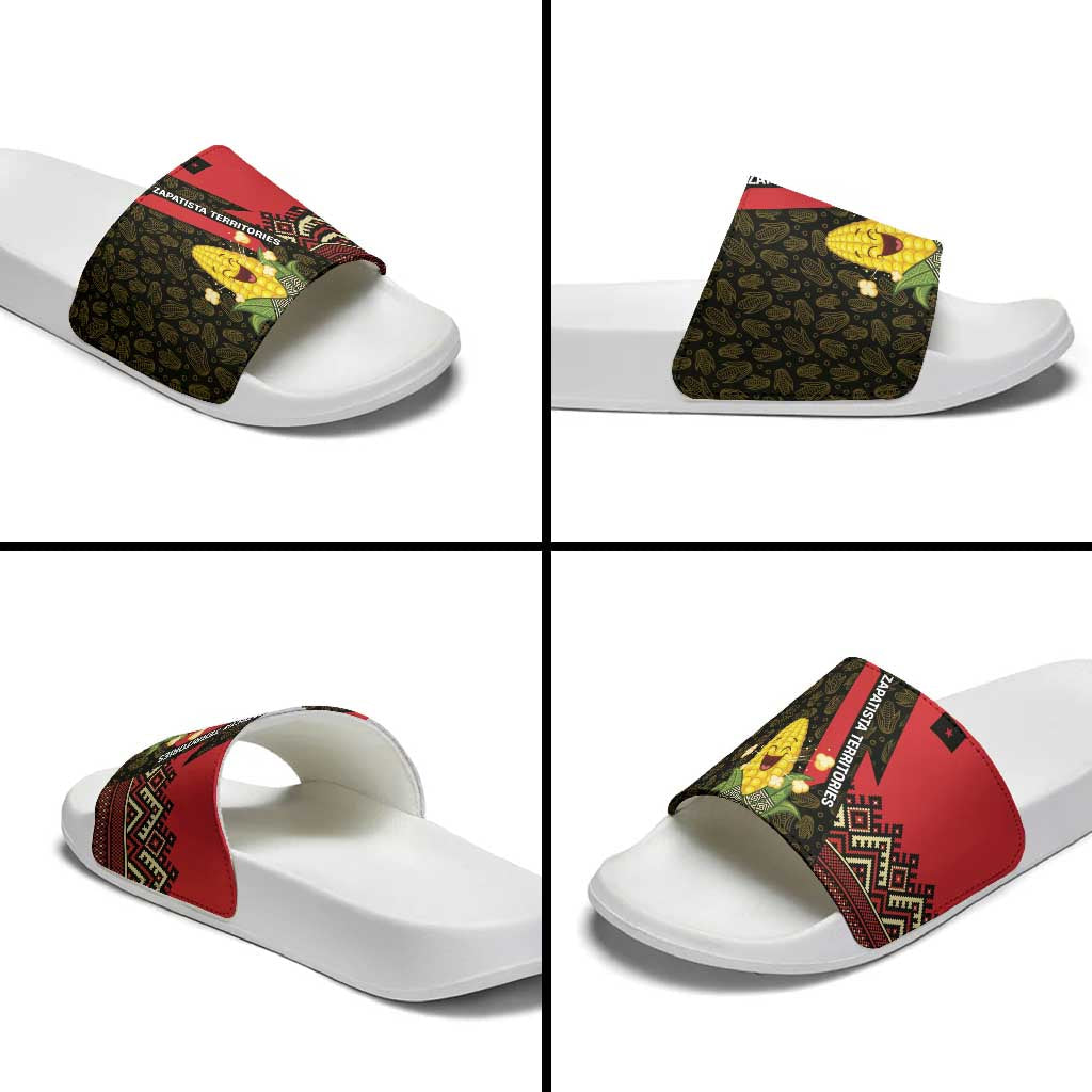 Zapatista Territories Slide Sandals Mexico with Corn Graphic and Indigenous Pattern Semillas de Libertad TS04