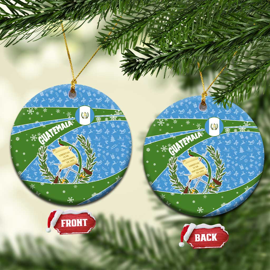Guatemala Christmas Ceramic Ornament with Blue Green Christmas Quetzal Bird Gift and Coat of Arms TS04