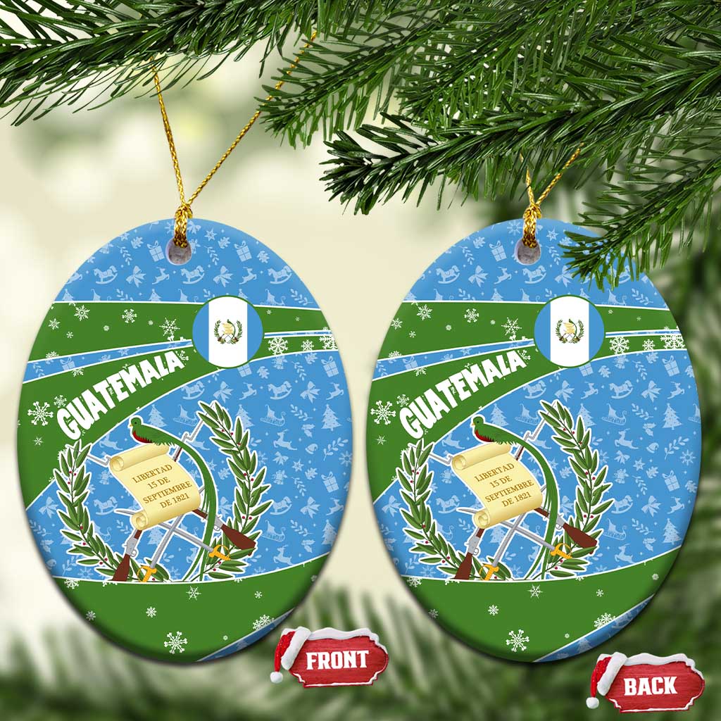 Guatemala Christmas Ceramic Ornament with Blue Green Christmas Quetzal Bird Gift and Coat of Arms TS04