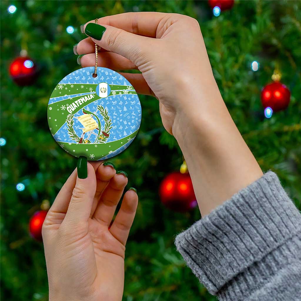 Guatemala Christmas Ceramic Ornament with Blue Green Christmas Quetzal Bird Gift and Coat of Arms TS04