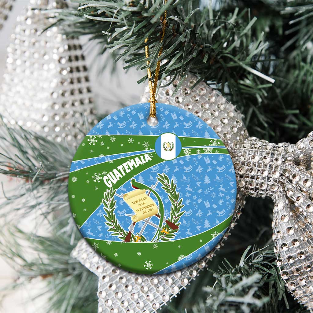Guatemala Christmas Ceramic Ornament with Blue Green Christmas Quetzal Bird Gift and Coat of Arms TS04