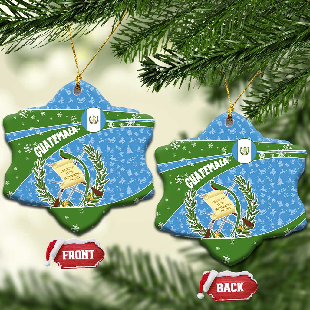 Guatemala Christmas Ceramic Ornament with Blue Green Christmas Quetzal Bird Gift and Coat of Arms TS04