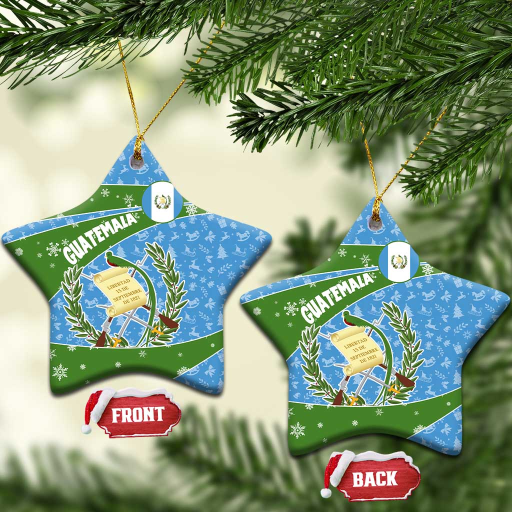 Guatemala Christmas Ceramic Ornament with Blue Green Christmas Quetzal Bird Gift and Coat of Arms TS04