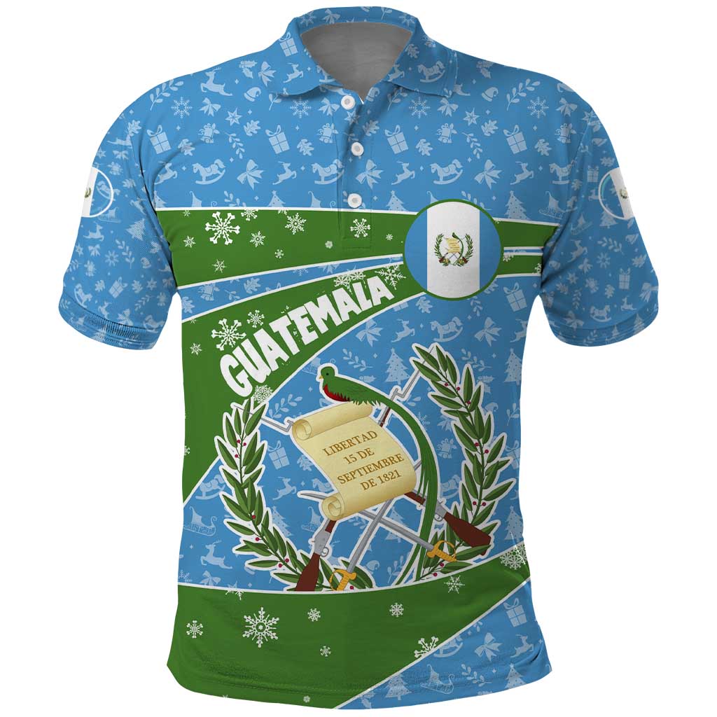 Guatemala Christmas Polo Shirt with Blue Green Christmas Quetzal Bird Gift and Coat of Arms TS04