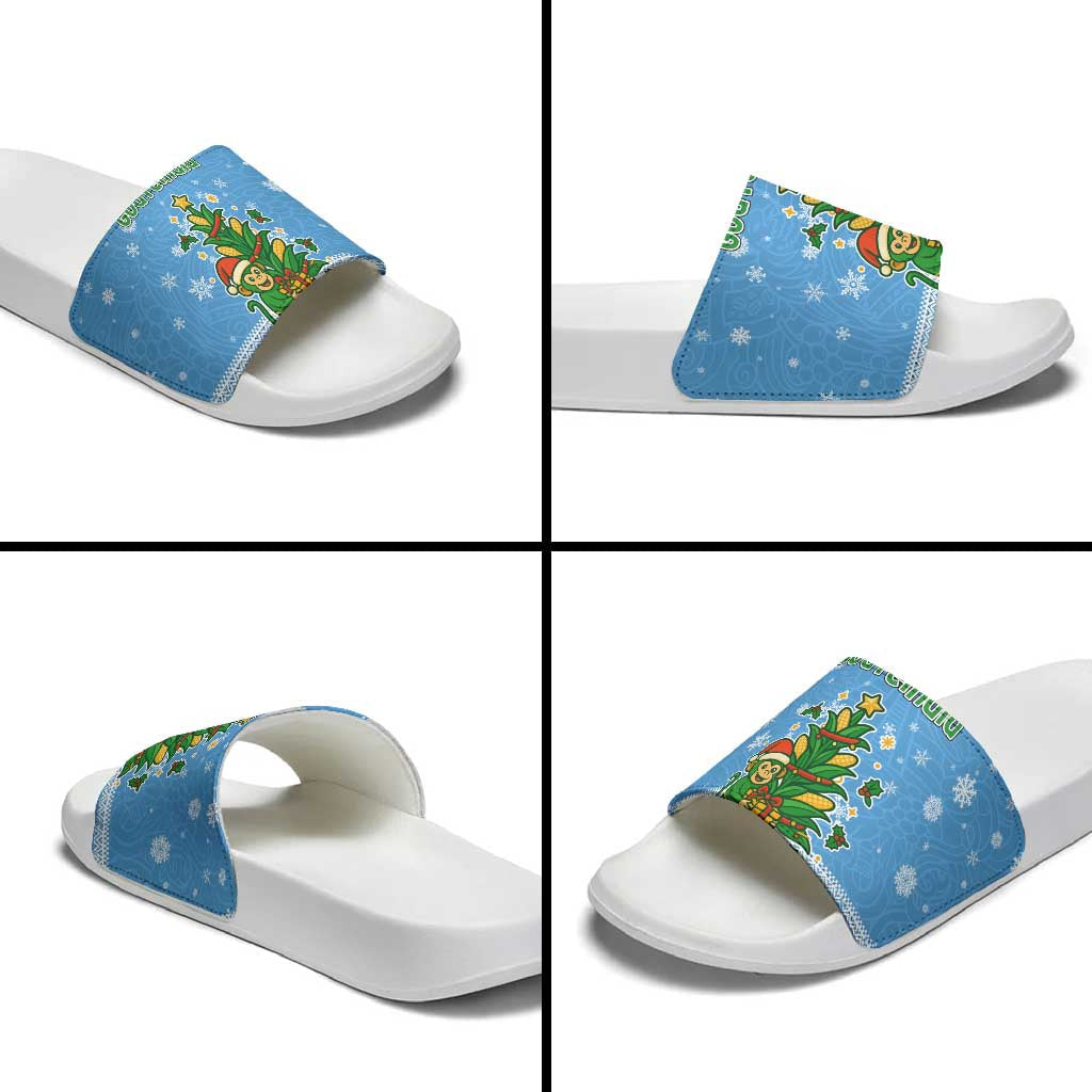 Guatemala Christmas Slide Sandals with Blue Christmas Monkey Tree Snowman and Snowflake TS04