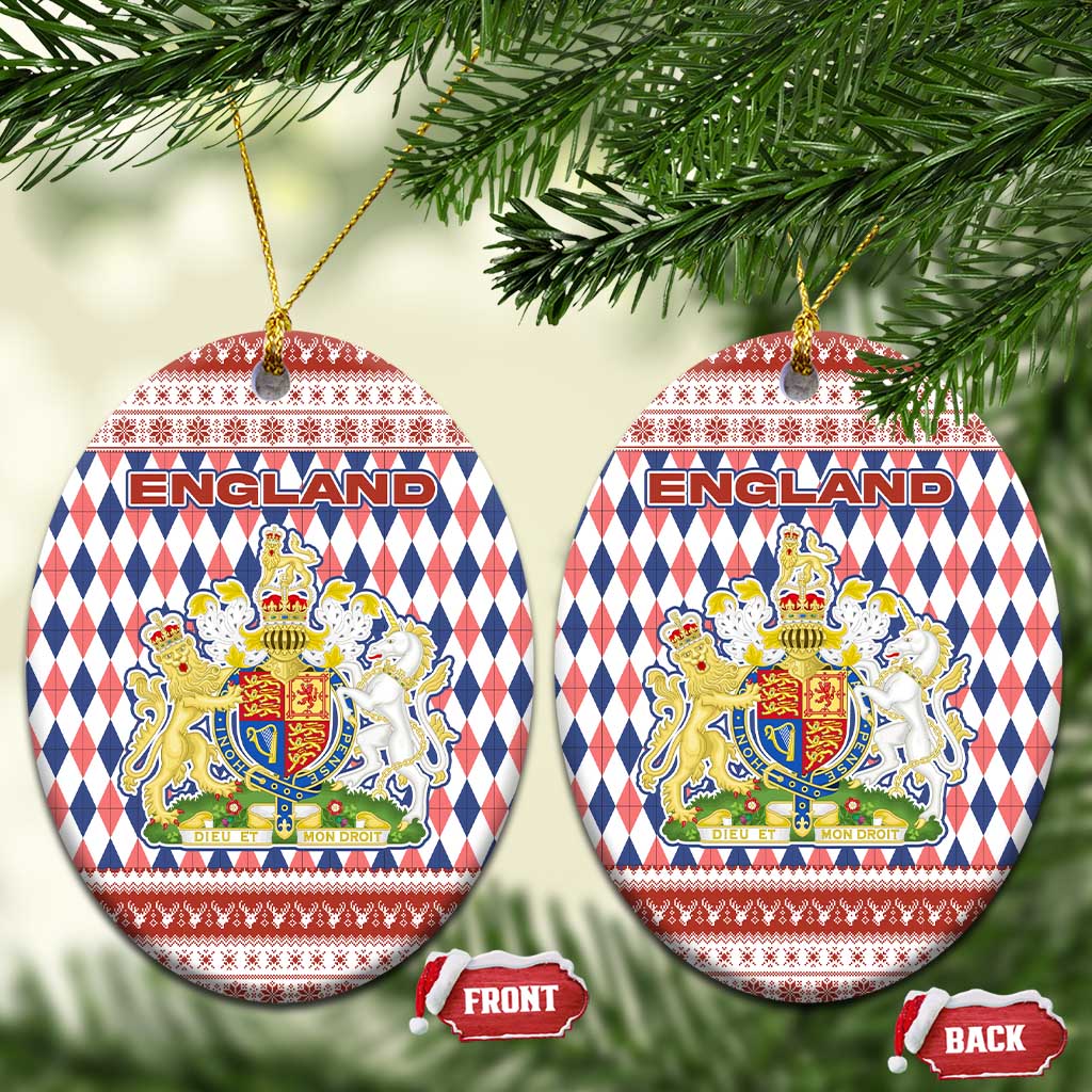 England Christmas Ceramic Ornament with Red Blue White Diamond Pattern Santa and Coat of Arms TS04