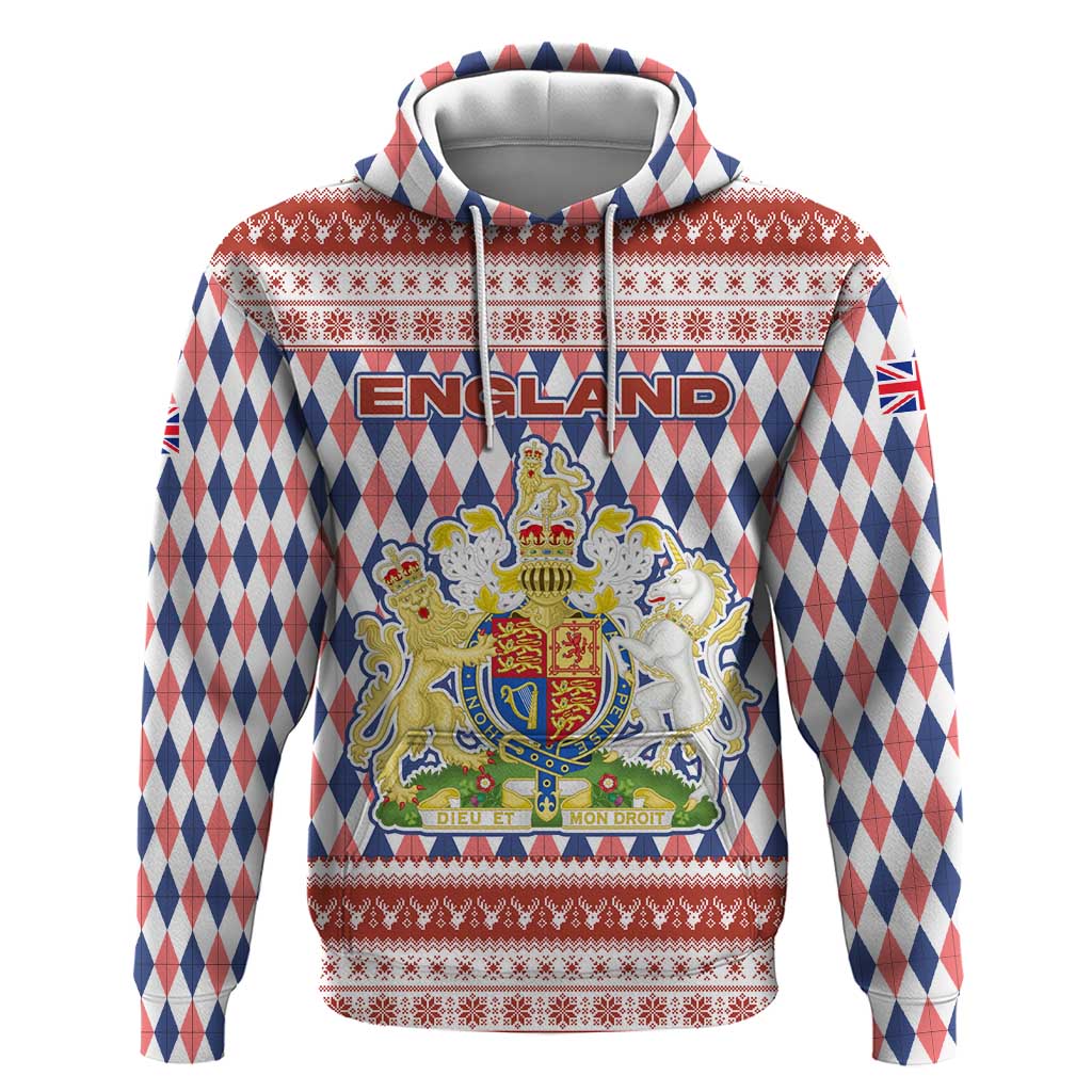 England Christmas Hoodie with Red Blue White Diamond Pattern Santa and Coat of Arms TS04