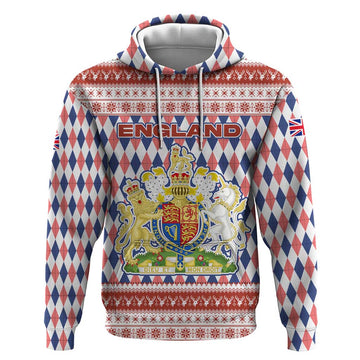 England Christmas Hoodie with Red Blue White Diamond Pattern Santa and Coat of Arms TS04