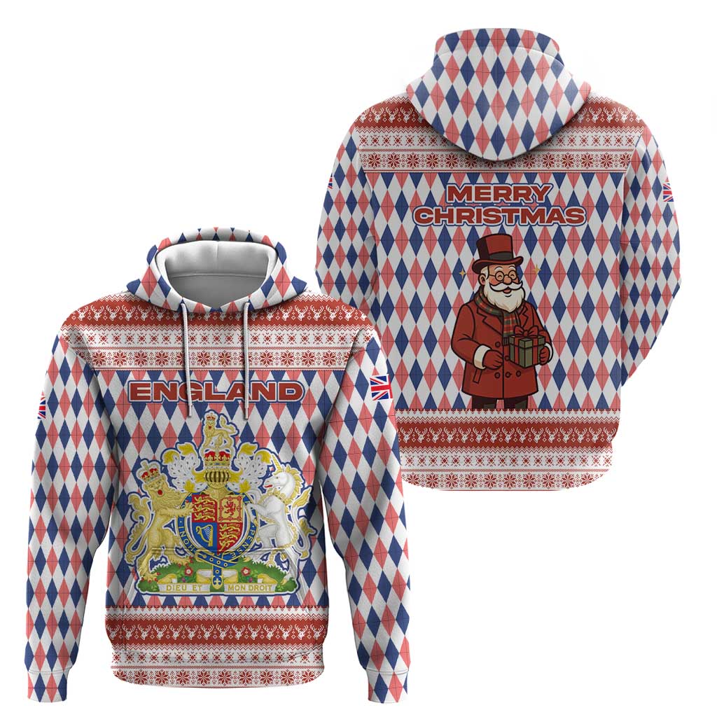 England Christmas Hoodie with Red Blue White Diamond Pattern Santa and Coat of Arms TS04