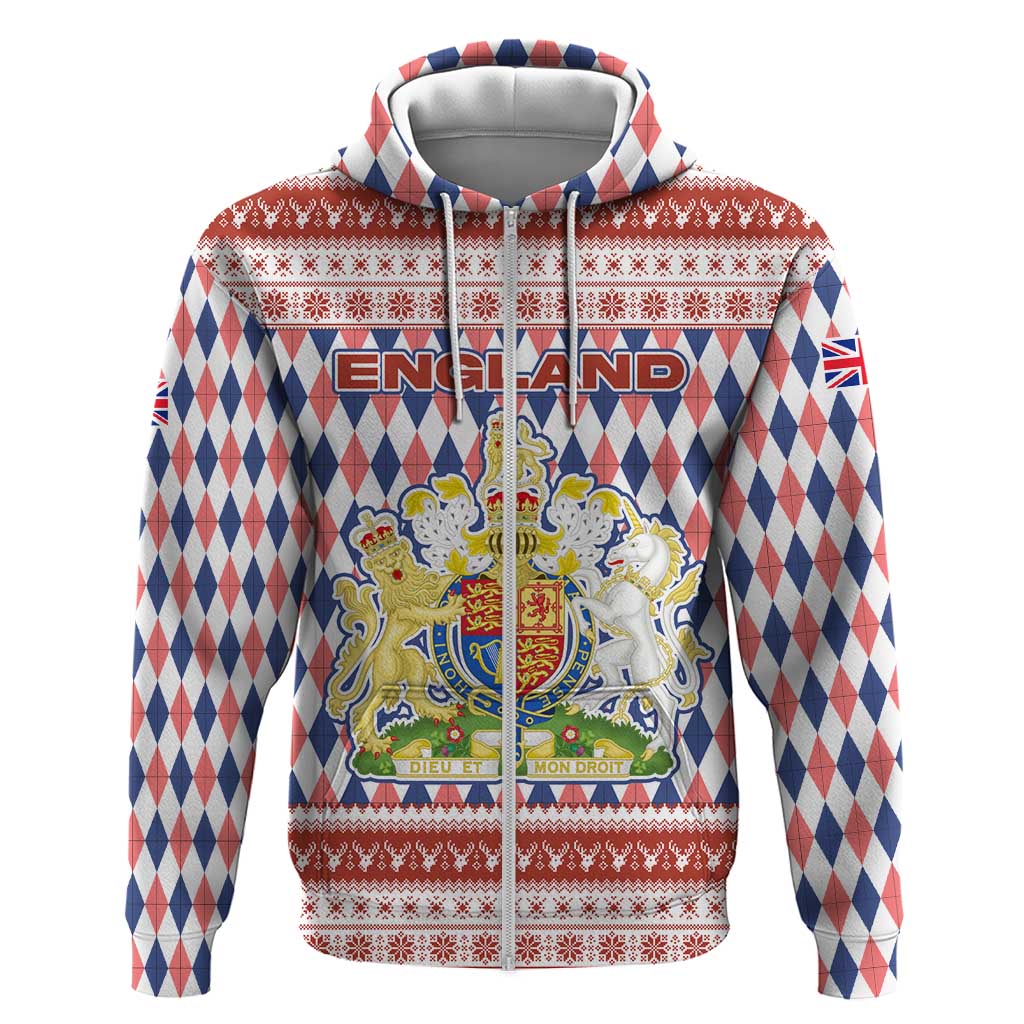 England Christmas Hoodie with Red Blue White Diamond Pattern Santa and Coat of Arms TS04