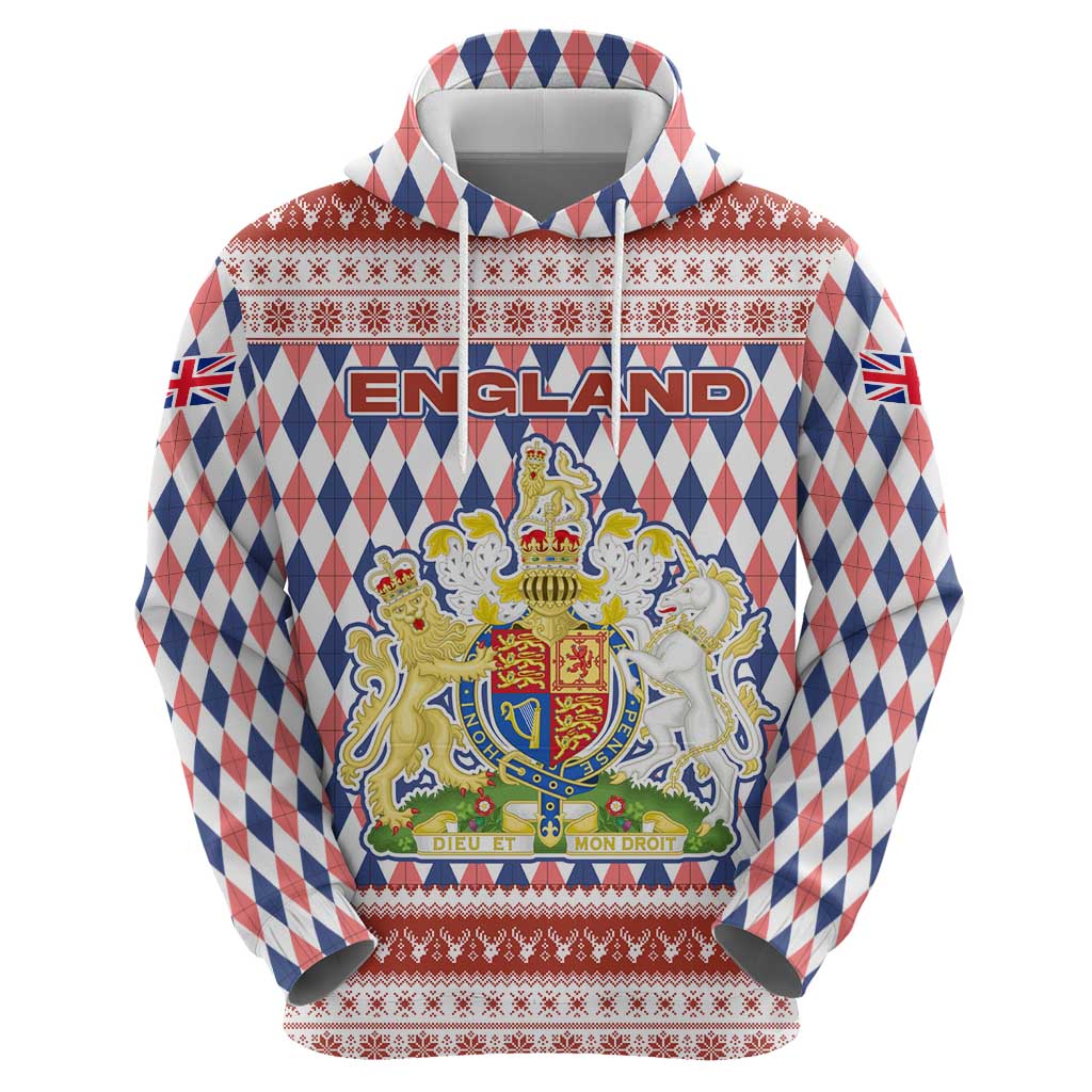 England Christmas Hoodie with Red Blue White Diamond Pattern Santa and Coat of Arms TS04