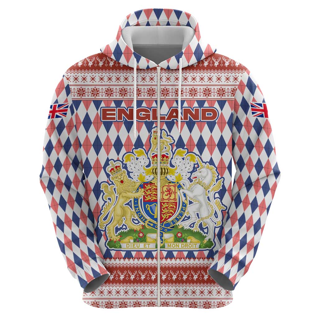 England Christmas Hoodie with Red Blue White Diamond Pattern Santa and Coat of Arms TS04