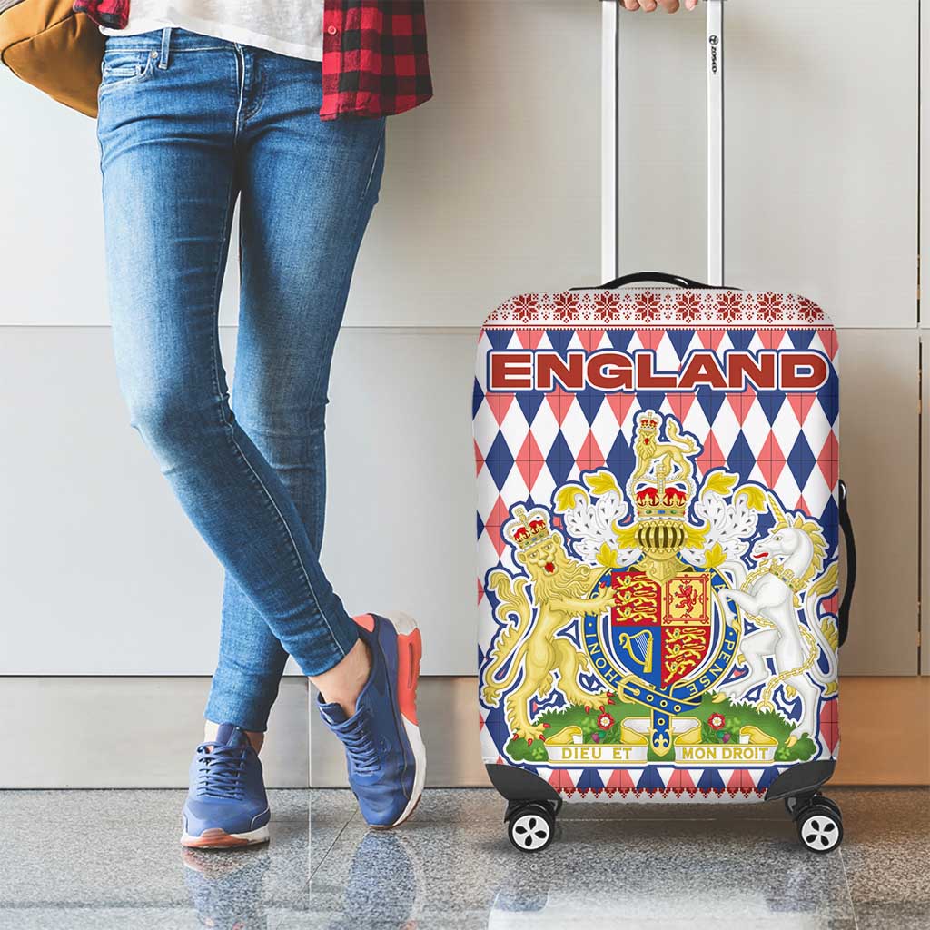 England Christmas Luggage Cover with Red Blue White Diamond Pattern Santa and Coat of Arms TS04