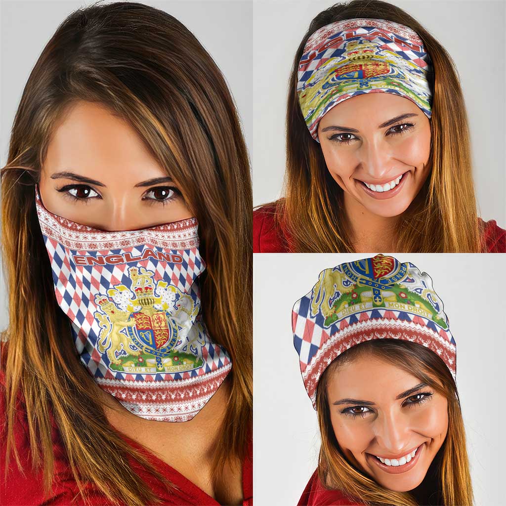 England Christmas Neck Gaiter with Red Blue White Diamond Pattern Santa and Coat of Arms TS04