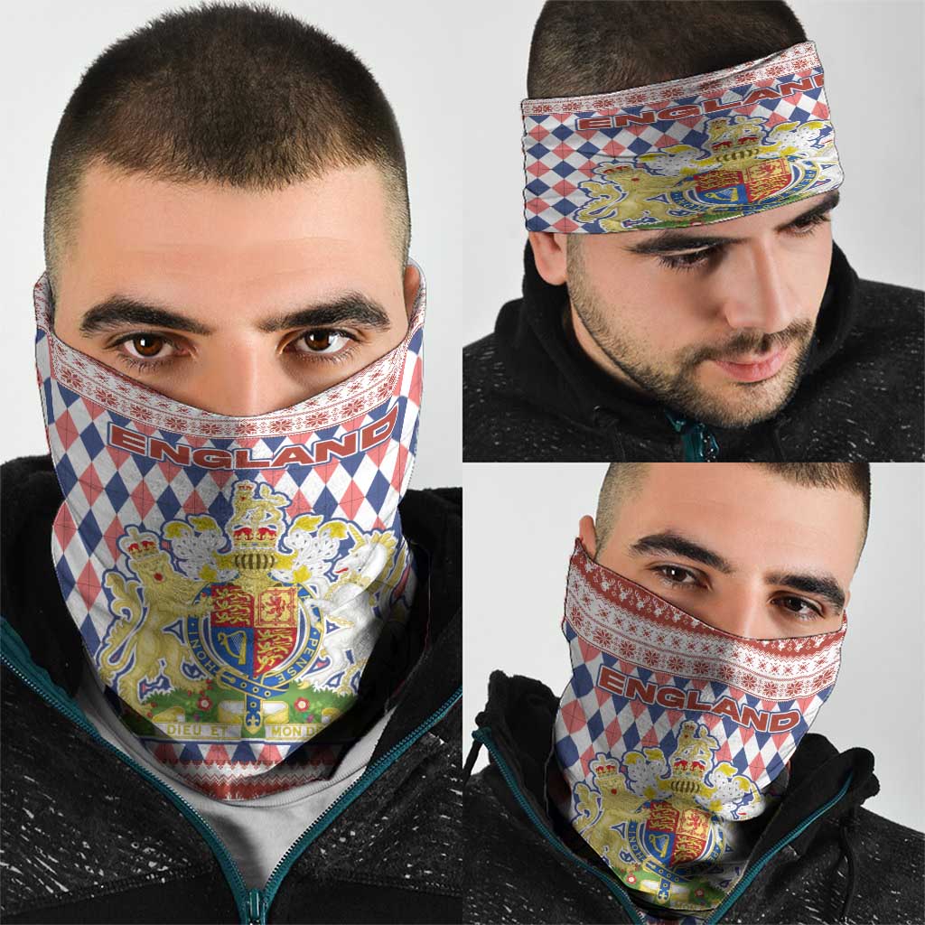 England Christmas Neck Gaiter with Red Blue White Diamond Pattern Santa and Coat of Arms TS04
