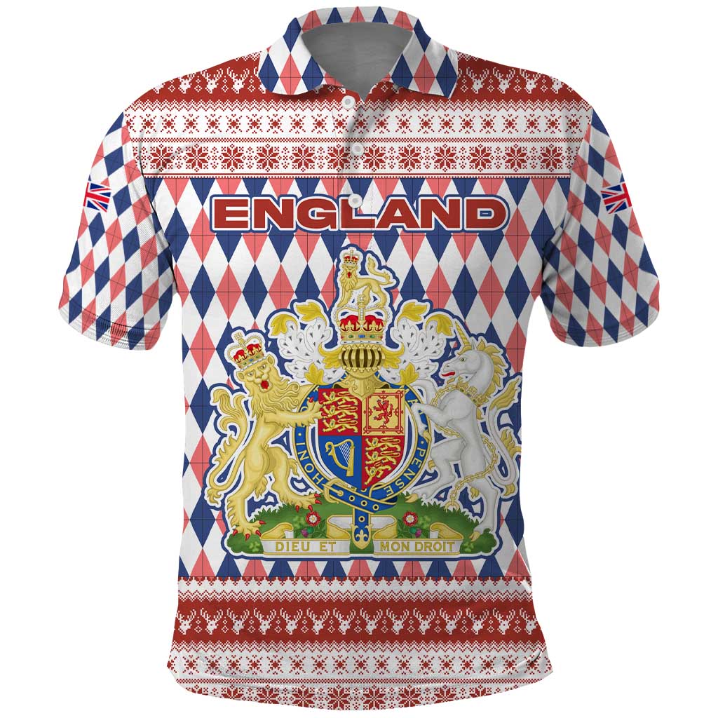 England Christmas Polo Shirt with Red Blue White Diamond Pattern Santa and Coat of Arms TS04
