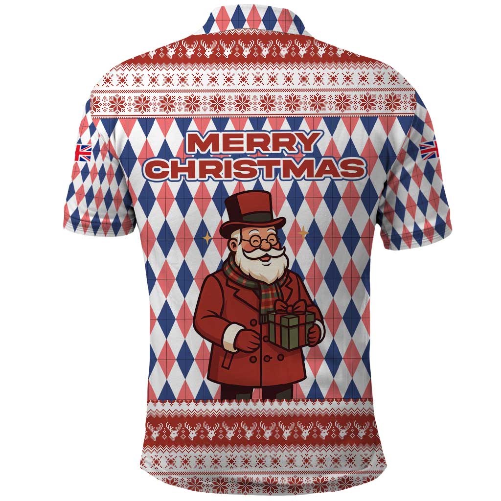 England Christmas Polo Shirt with Red Blue White Diamond Pattern Santa and Coat of Arms TS04