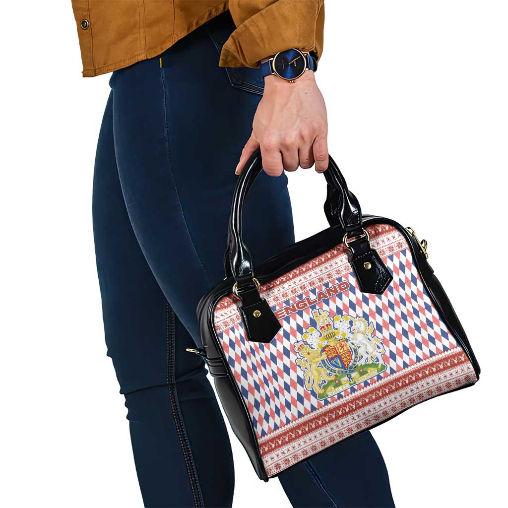 England Christmas Shoulder Handbag with Red Blue White Diamond Pattern Santa and Coat of Arms TS04