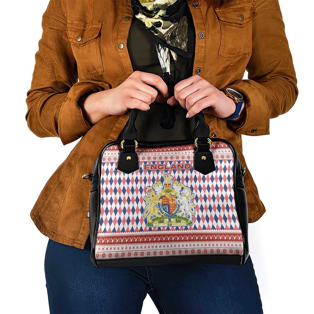 England Christmas Shoulder Handbag with Red Blue White Diamond Pattern Santa and Coat of Arms TS04