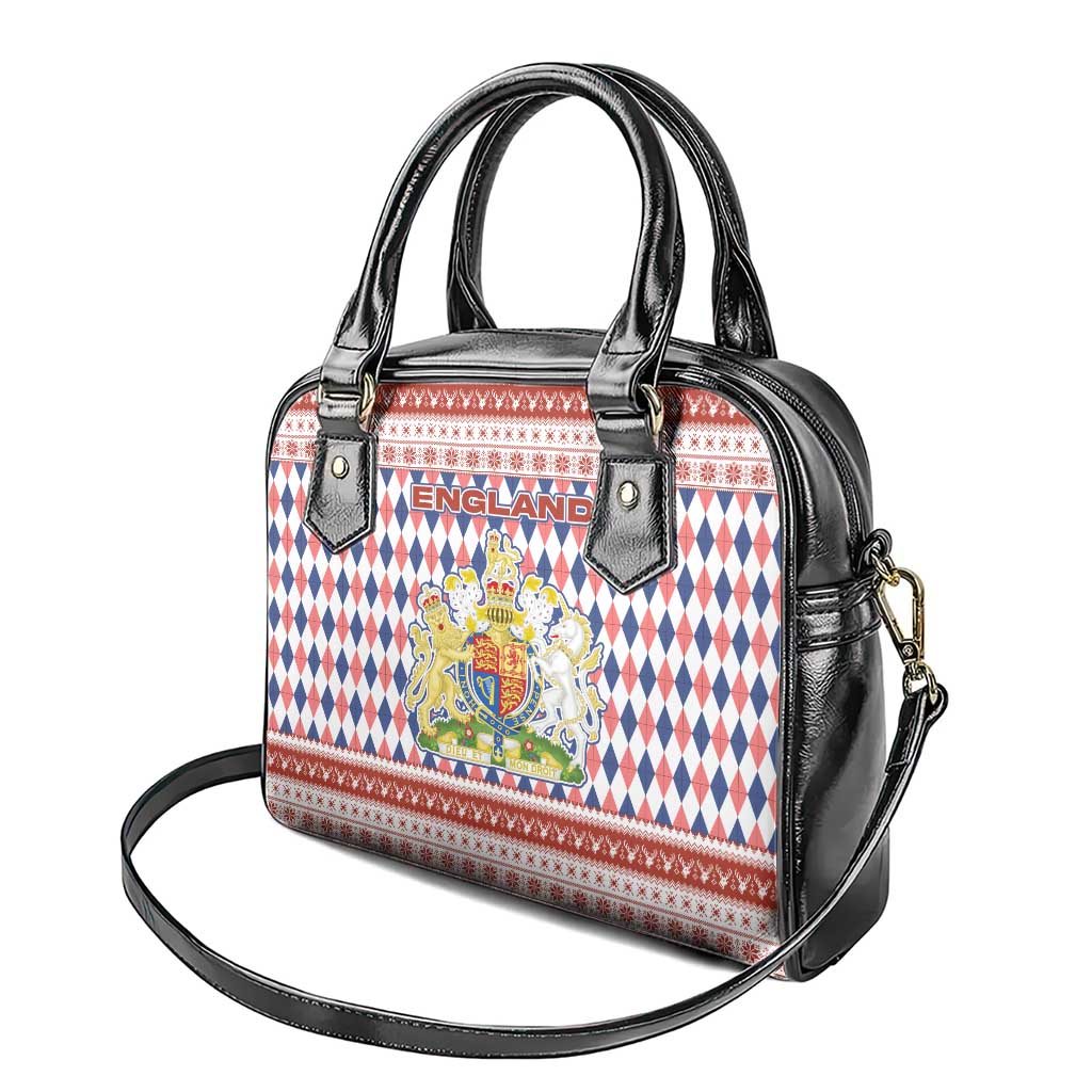 England Christmas Shoulder Handbag with Red Blue White Diamond Pattern Santa and Coat of Arms TS04