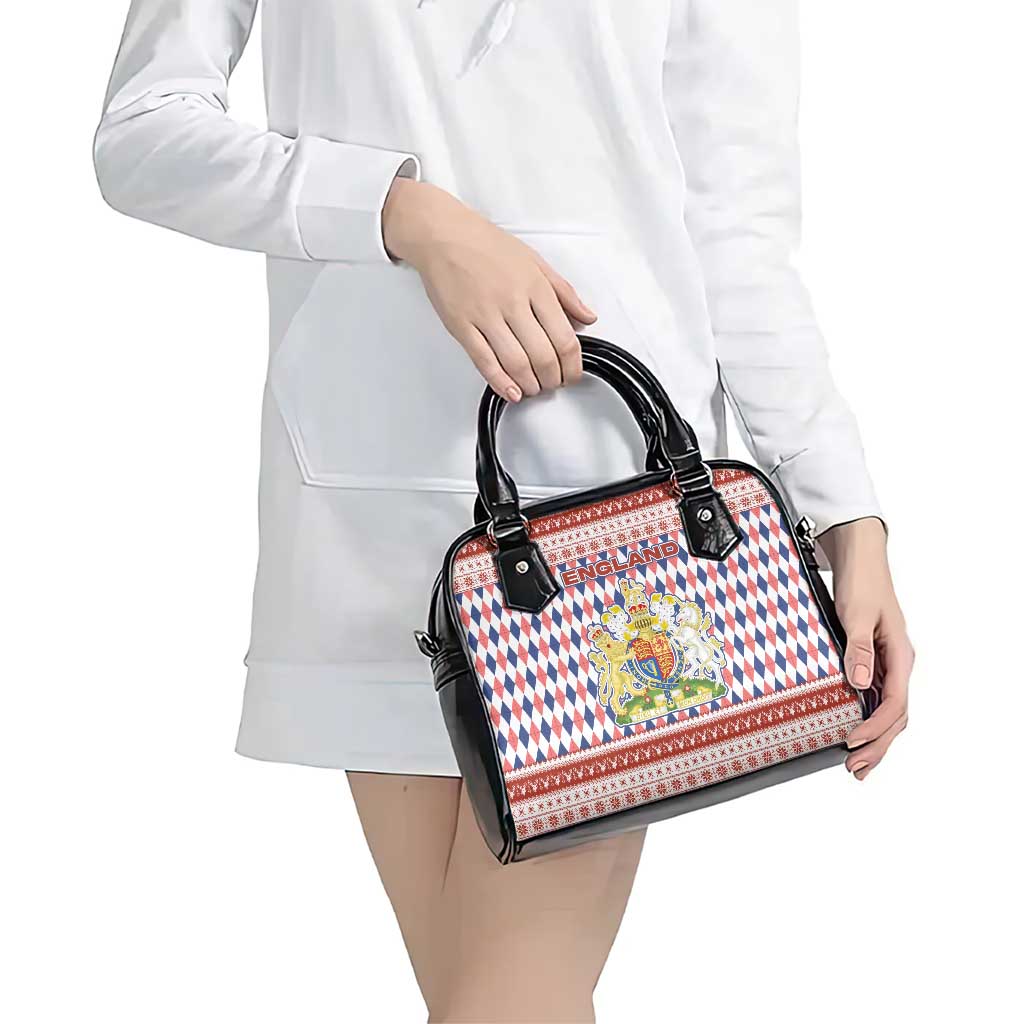 England Christmas Shoulder Handbag with Red Blue White Diamond Pattern Santa and Coat of Arms TS04