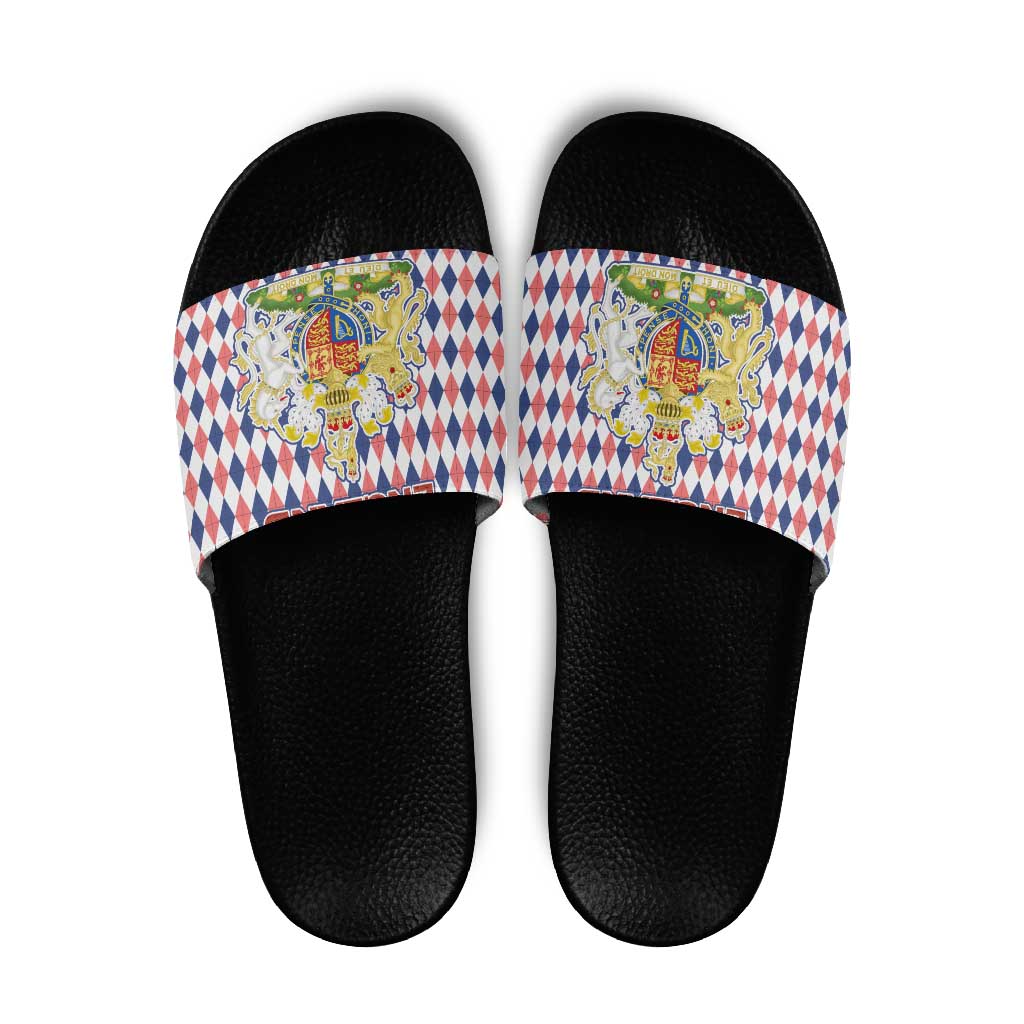 England Christmas Slide Sandals with Red Blue White Diamond Pattern Santa and Coat of Arms TS04