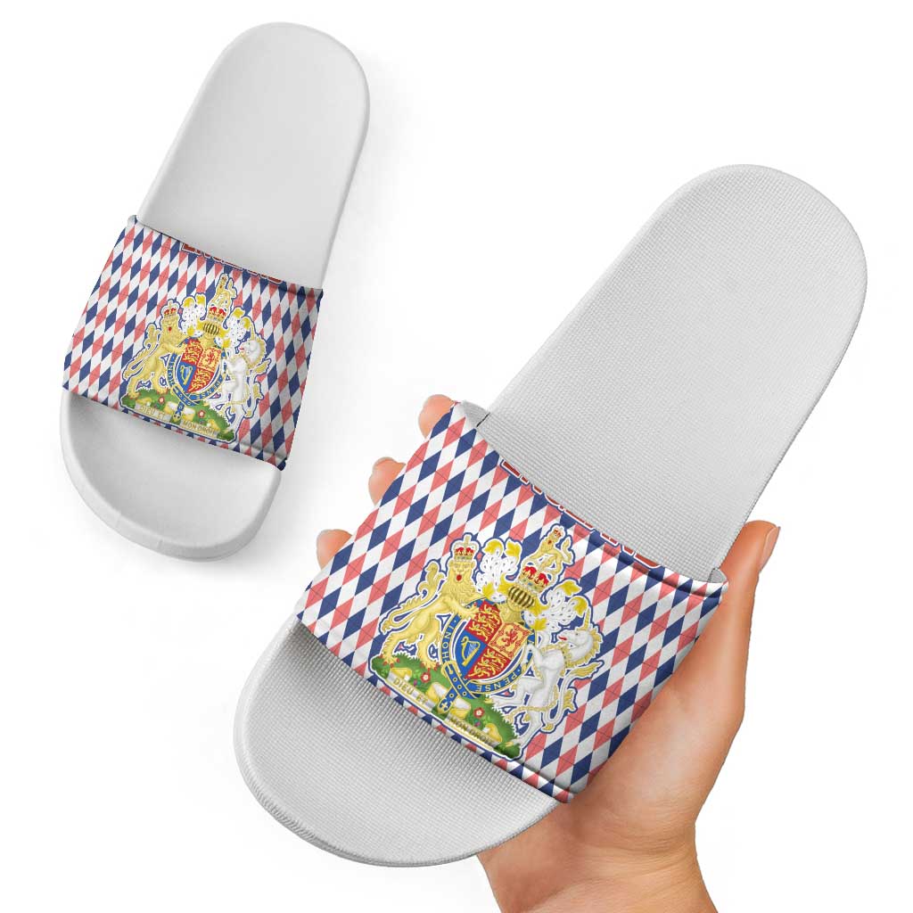 England Christmas Slide Sandals with Red Blue White Diamond Pattern Santa and Coat of Arms TS04