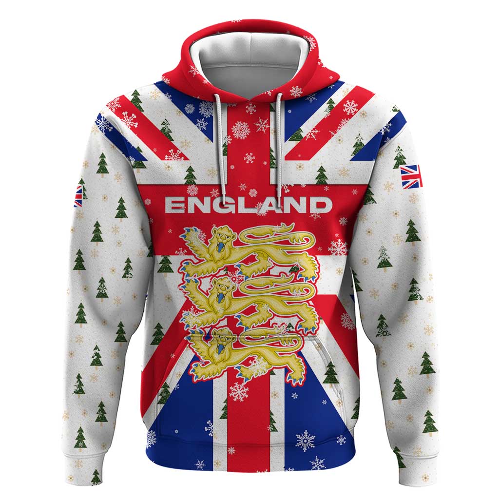 England Christmas Hoodie with Red White Blue Santa Bus Tree and Three Lions Design TS04