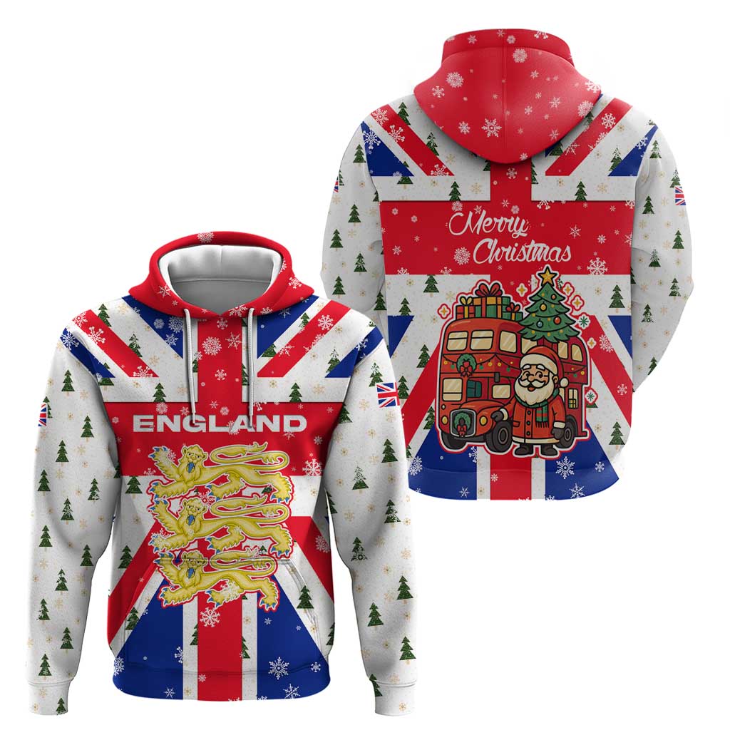 England Christmas Hoodie with Red White Blue Santa Bus Tree and Three Lions Design TS04