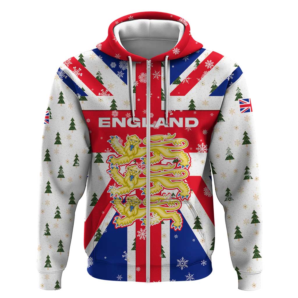 England Christmas Hoodie with Red White Blue Santa Bus Tree and Three Lions Design TS04