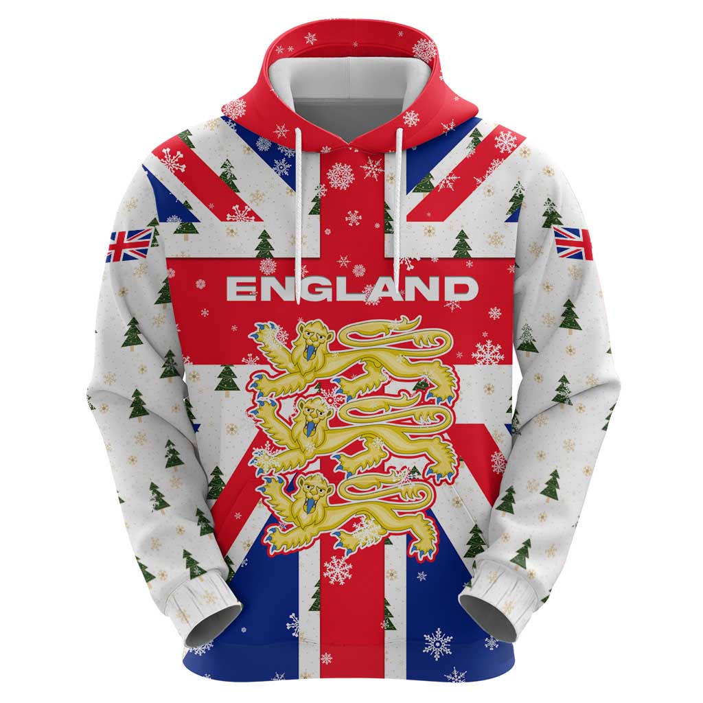 England Christmas Hoodie with Red White Blue Santa Bus Tree and Three Lions Design TS04