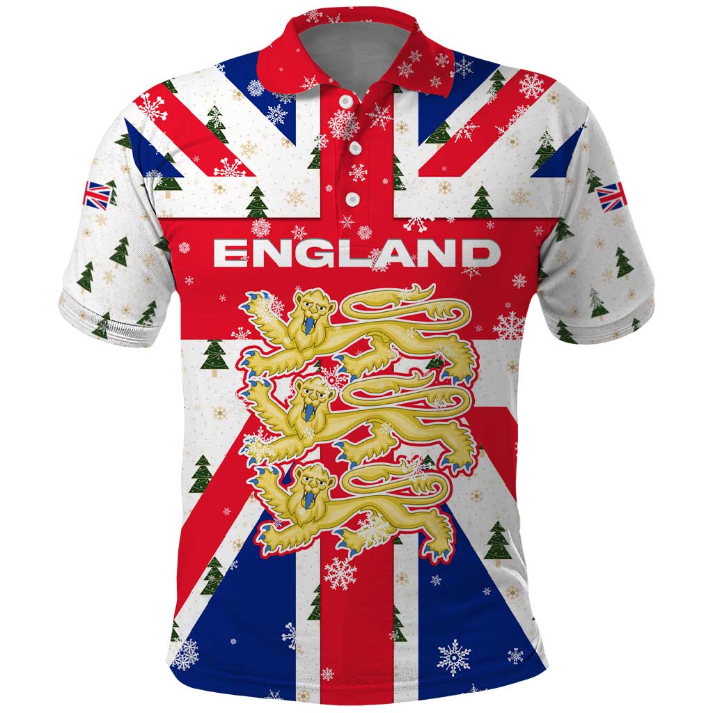 England Christmas Polo Shirt with Red White Blue Santa Bus Tree and Three Lions Design TS04