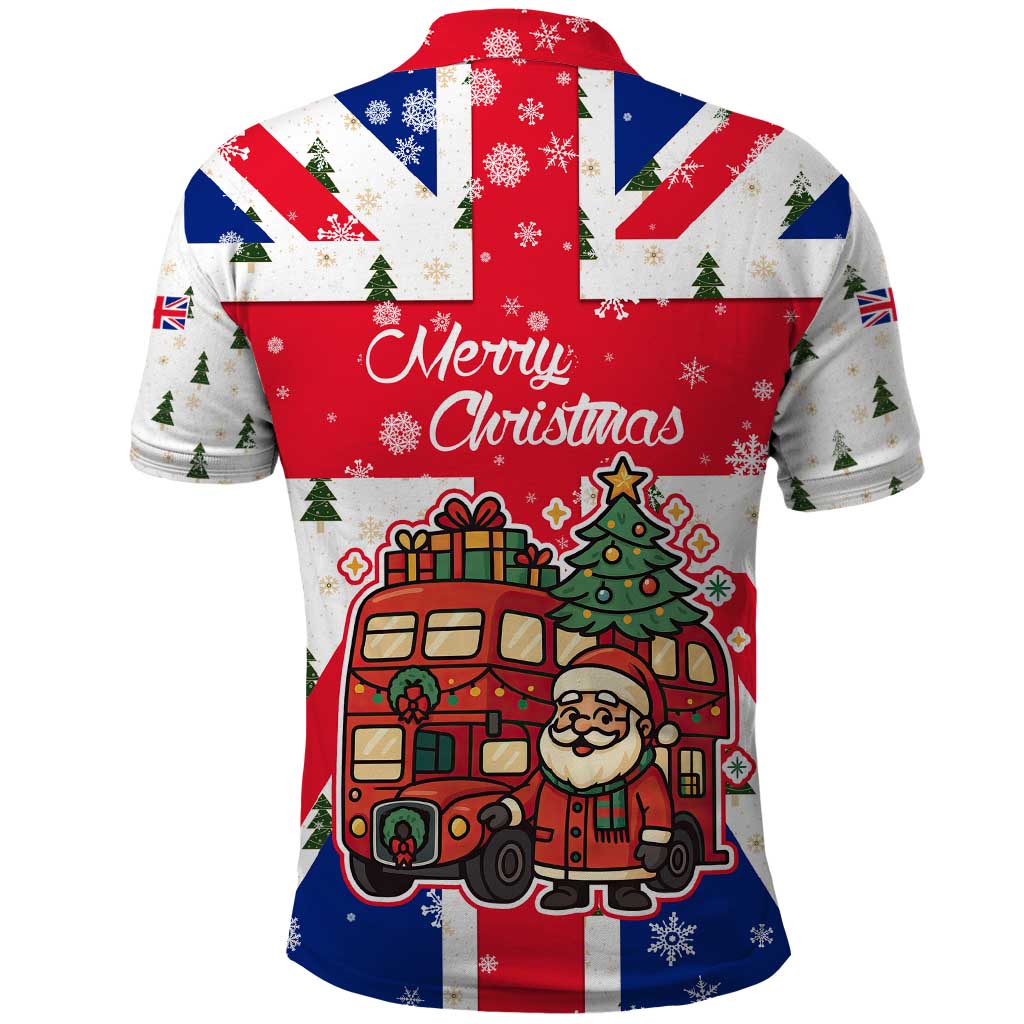 England Christmas Polo Shirt with Red White Blue Santa Bus Tree and Three Lions Design TS04