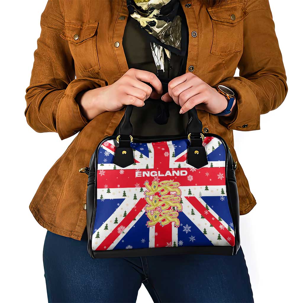 England Christmas Shoulder Handbag with Red White Blue Santa Bus Tree and Three Lions Design TS04