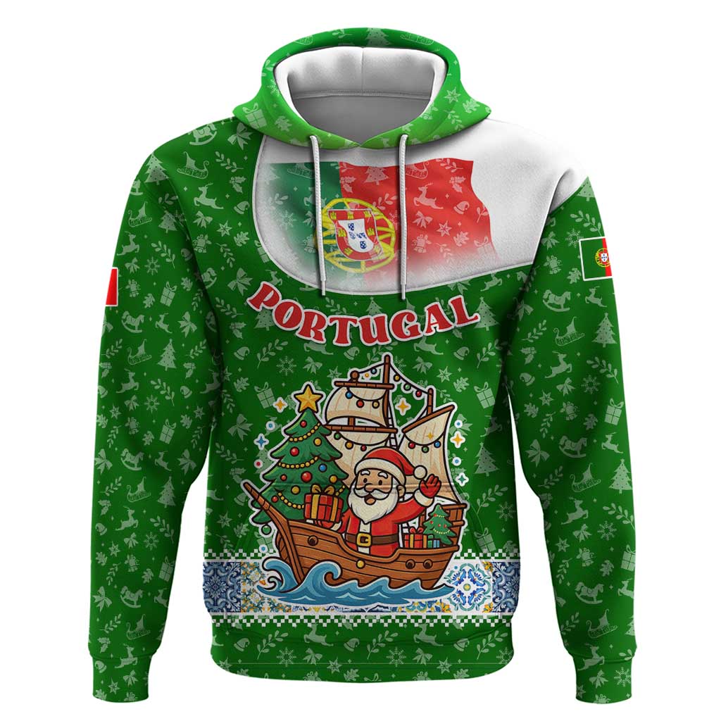 Portugal Christmas Hoodie with Green Red Santa Ship Tree and Coat of Arms TS04