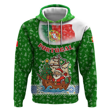 Portugal Christmas Hoodie with Green Red Santa Ship Tree and Coat of Arms TS04