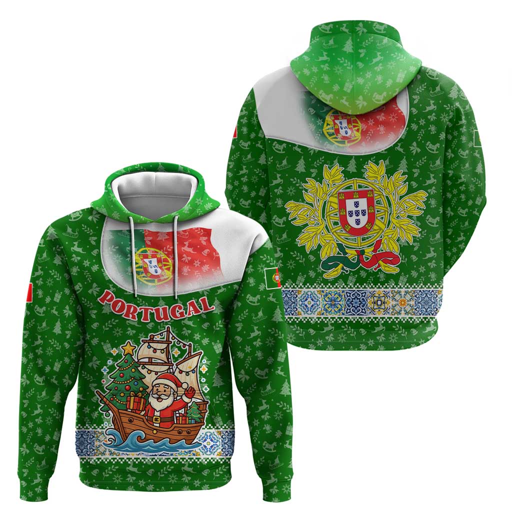 Portugal Christmas Hoodie with Green Red Santa Ship Tree and Coat of Arms TS04